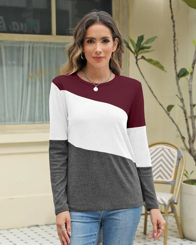 Minetom Women's Color Block Tops Casual Long Sleeve Shirts Pullover Tunic, thumbnail 2