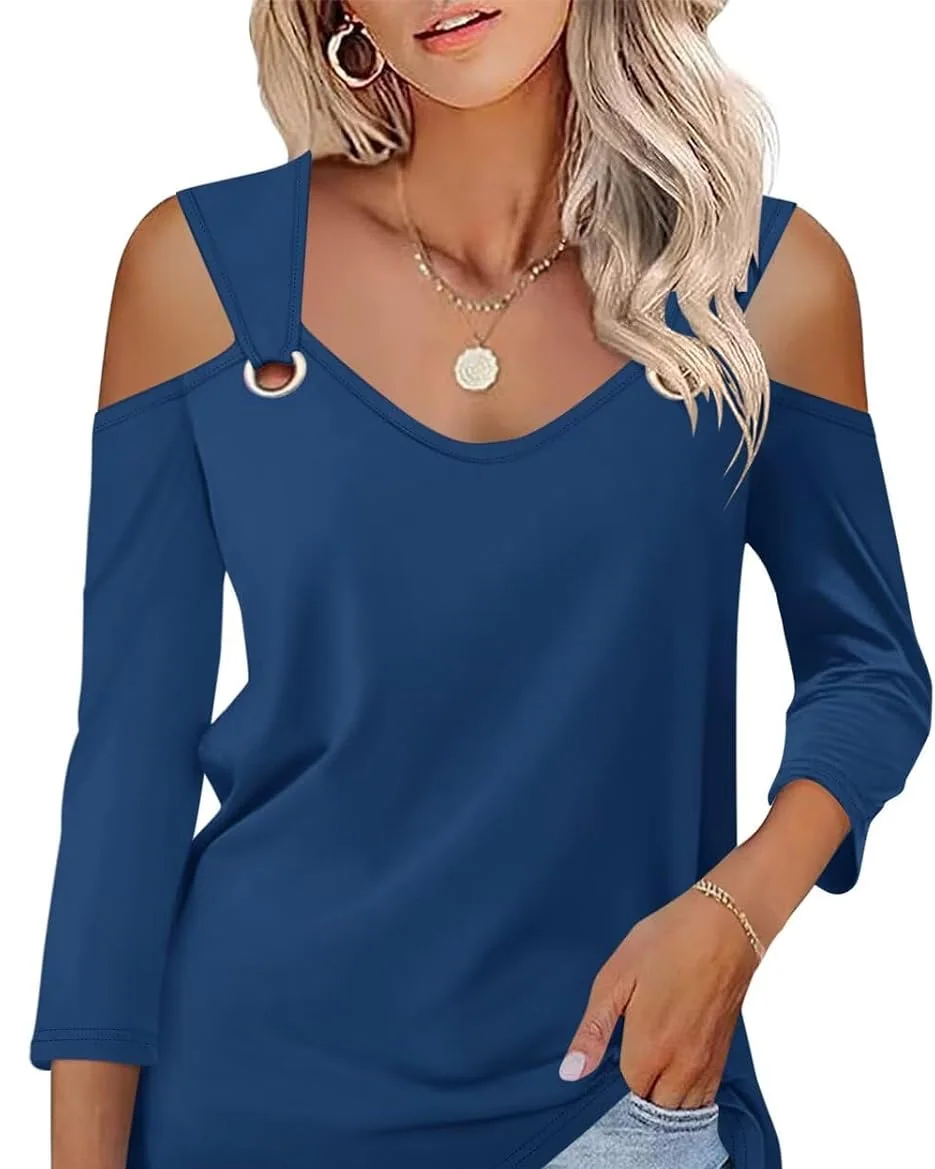 Minetom Women's V Neck 3/4 Sleeve Shirts Cold Shoulder Tops 2026 Fall Tees, Navy Blue, Small, photo 11