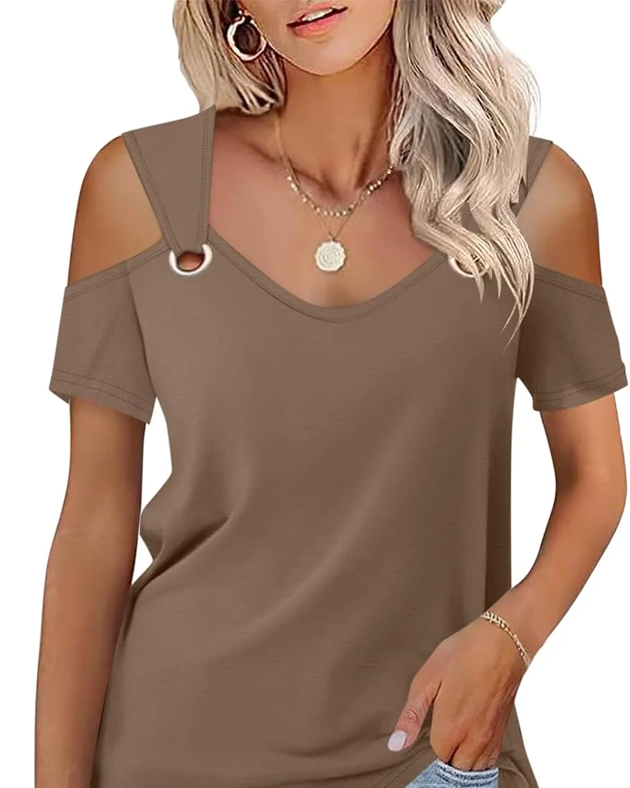 Minetom Women's Cold Shoulder Tops Short Sleeve V Neck T Shirts Summer Tee, Light Brown, Small, photo 22