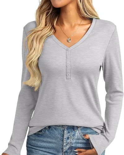 Minetom Womens Long Sleeve Tops Henley V Neck Tees Button Up Shirts Basic, thumbnail 6
