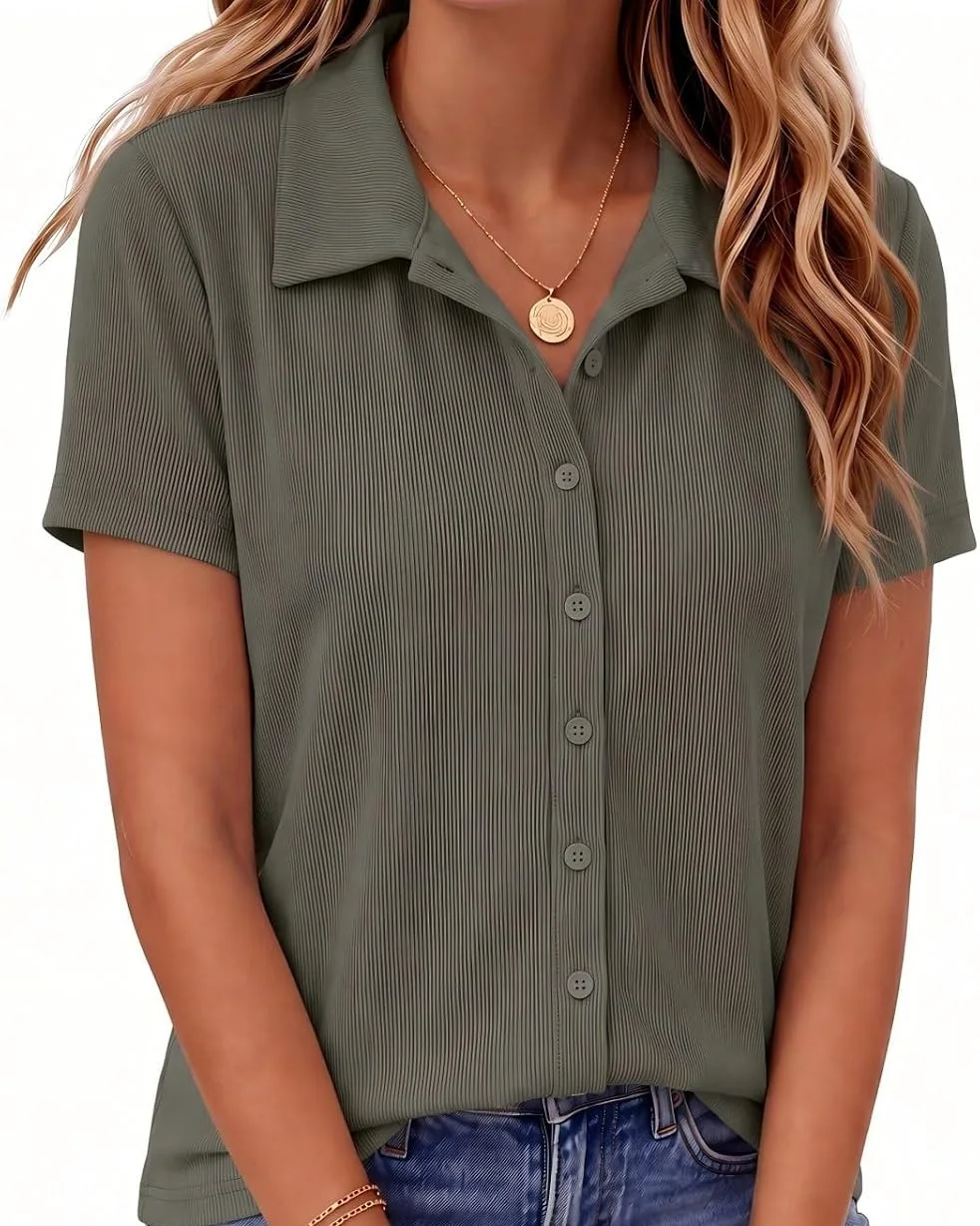 Minetom Womens Short Sleeve Button Down Tops V Neck Collared Shirts Army Green, photo 1