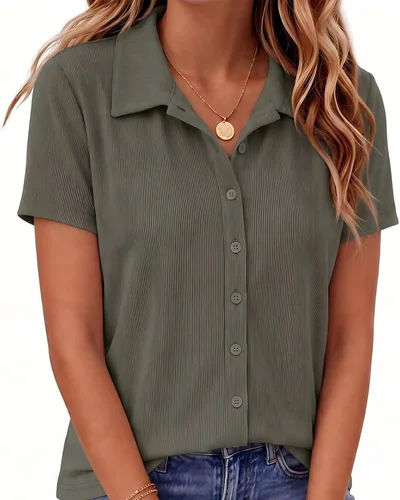 Minetom Womens Short Sleeve Button Down Tops V Neck Collared Shirts Army Green, thumbnail 1