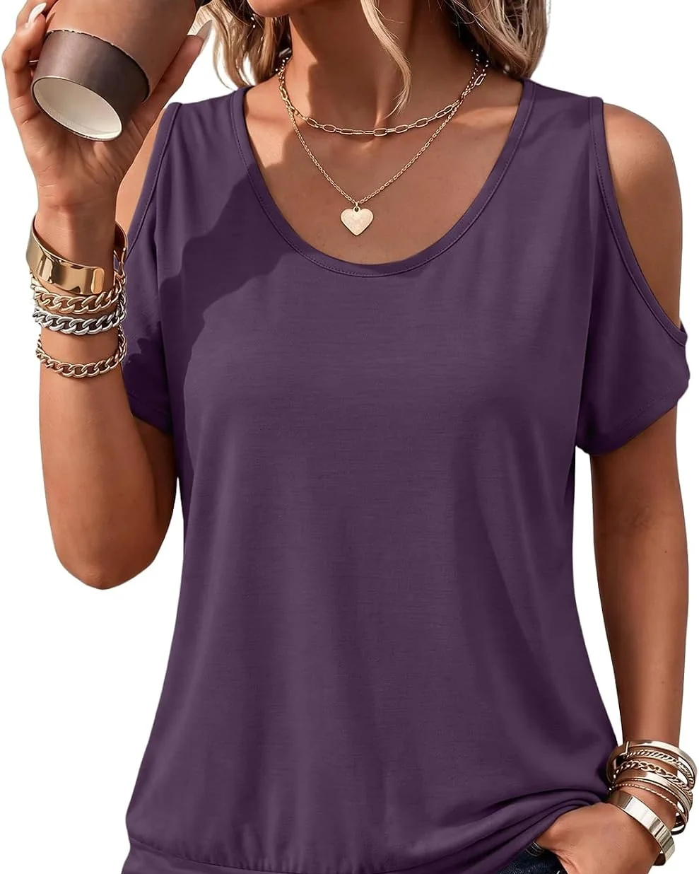 Minetom Womens Cold Shoulder Tops Banded Bottom Shirts Short Sleeve Shirts, Deep Purple, Small, photo 5