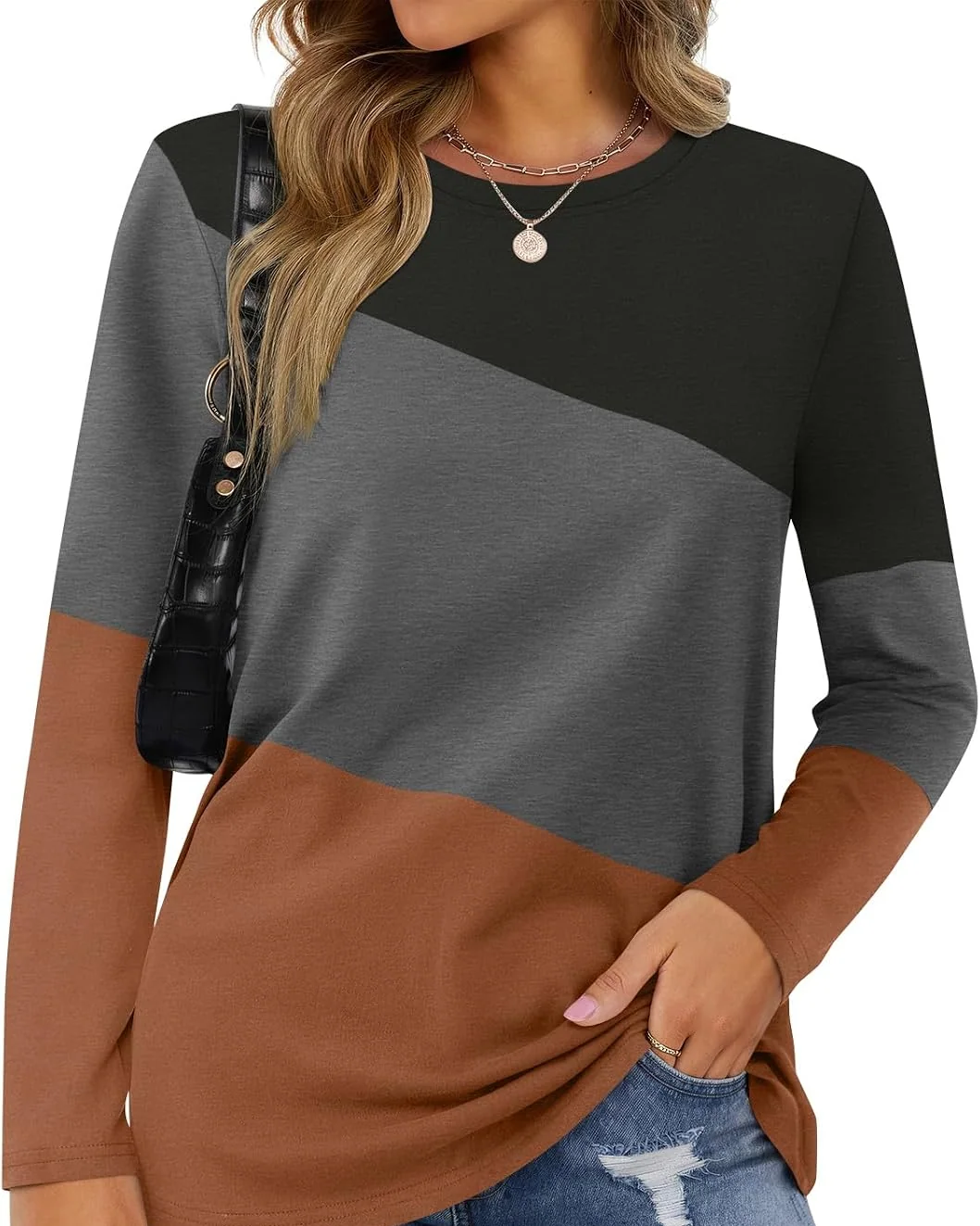 Minetom Women's Color Block Tops Casual Long Sleeve Shirts Pullover Tunic, Black-charcoal-rust, Small, photo 15