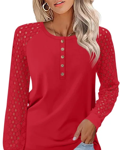 Minetom Women's Lace Long Sleeve Tops Henley Shirts Fall Button Up Blouse, thumbnail 7