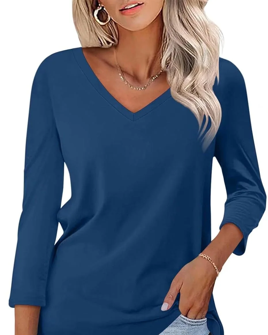 Minetom Women's 3/4 Length Sleeve Tops V Neck T Shirts Casual Basic Tees, Navy Blue, Small, photo 23