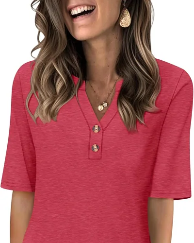 Minetom Women's Half Sleeve Tops V Neck T Shirt Button Casual Tee White, thumbnail 15