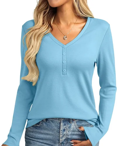 Minetom Womens Long Sleeve Tops Henley V Neck Tees Button Up Shirts Basic, thumbnail 9