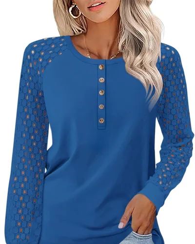Minetom Women's Lace Long Sleeve Tops Henley Shirts Fall Button Up Blouse, thumbnail 14