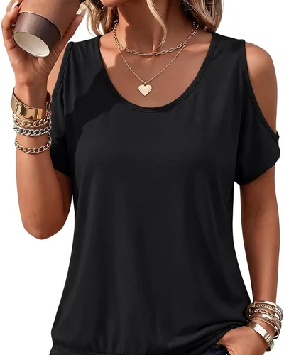 Minetom Womens Cold Shoulder Tops Banded Bottom Shirts Short Sleeve Shirts, thumbnail 4