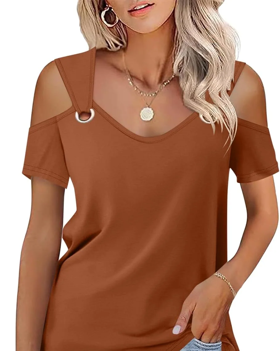 Minetom Women's Cold Shoulder Tops Short Sleeve V Neck T Shirts Summer Tee, Rust, Small, photo 13