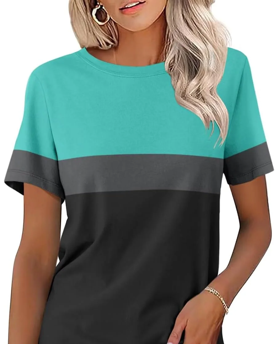 Minetom Womens Color Block T Shirts Short Sleeve Tops Summer Tees, Mint-charcoal-black, Small, photo 13