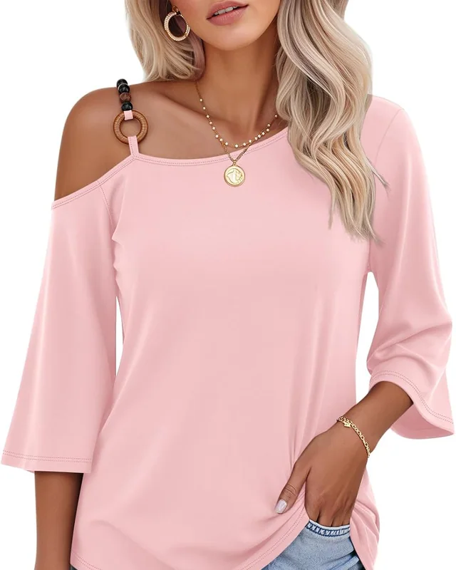 Minetom Women's Off the Shoulder Tops 3 4 Sleeve V Neck T Shirts Fall Tee