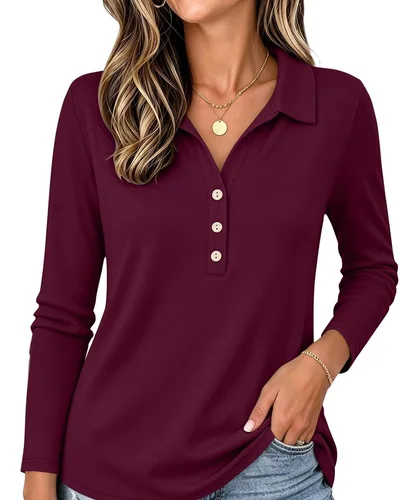 Minetom Womens Long Sleeve Tops Collared Button Up Shirts, thumbnail 9