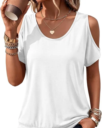 Minetom Womens Cold Shoulder Tops Banded Bottom Shirts Short Sleeve Shirts, thumbnail 6