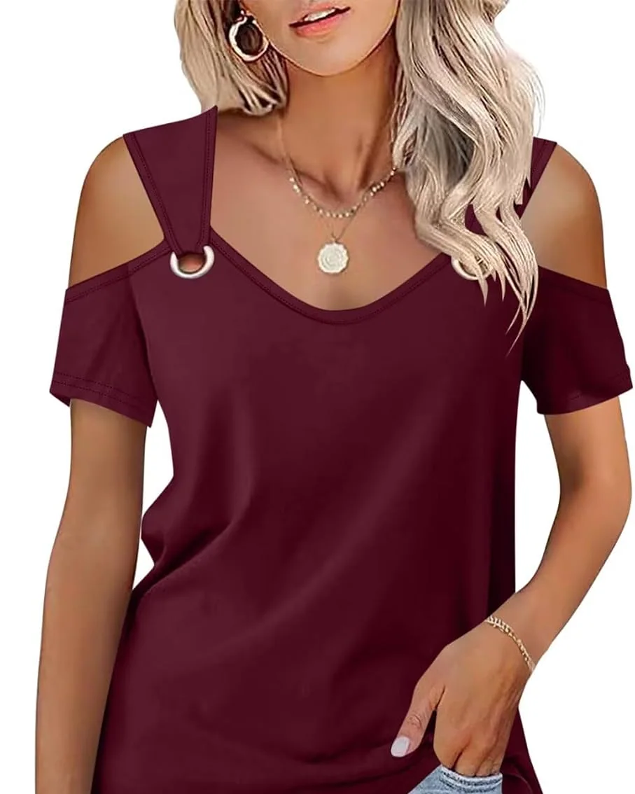 Minetom Women's Cold Shoulder Tops Short Sleeve V Neck T Shirts Summer Tee, Wine Red, Small, photo 1