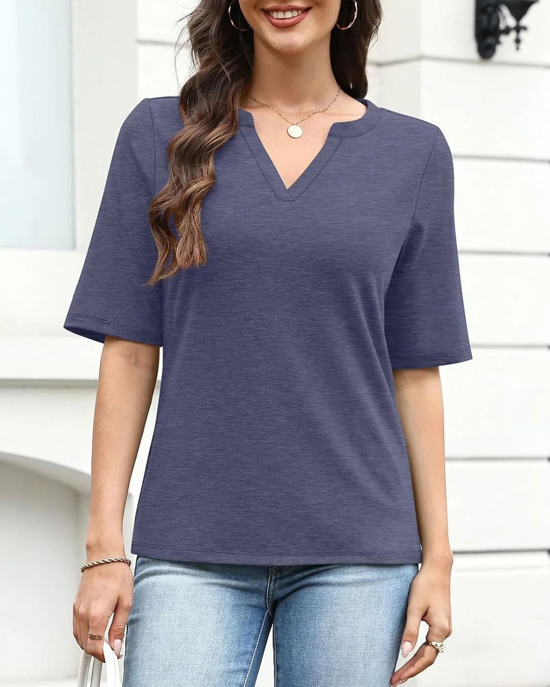Minetom Women's V Neck T Shirts Half Sleeve Tees Casual Summer Fall Tops Navy, photo 2