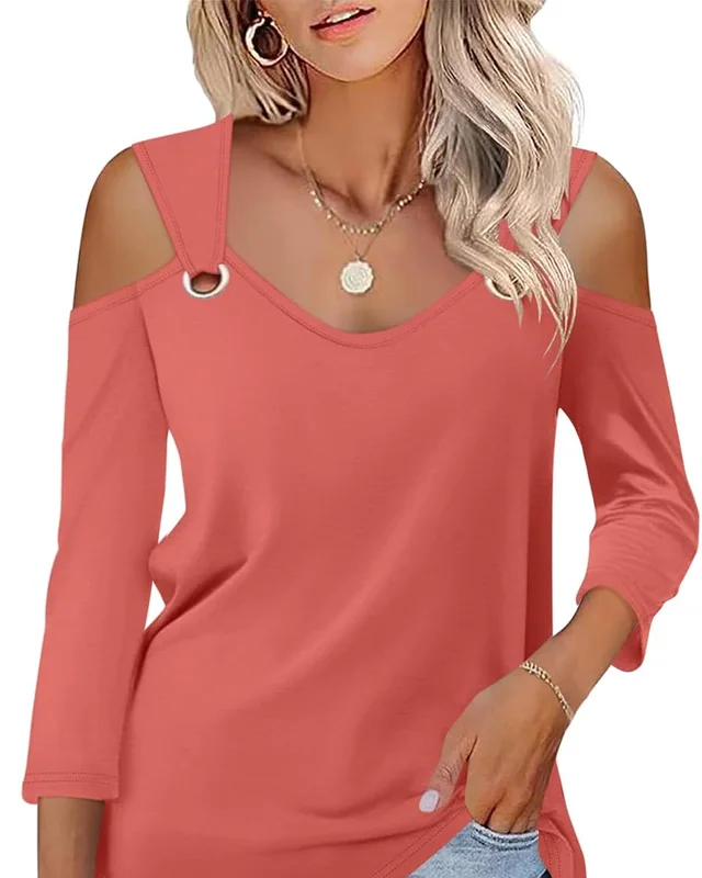 Minetom Women's V Neck 3/4 Sleeve Shirts Cold Shoulder Tops 2026 Fall Tees