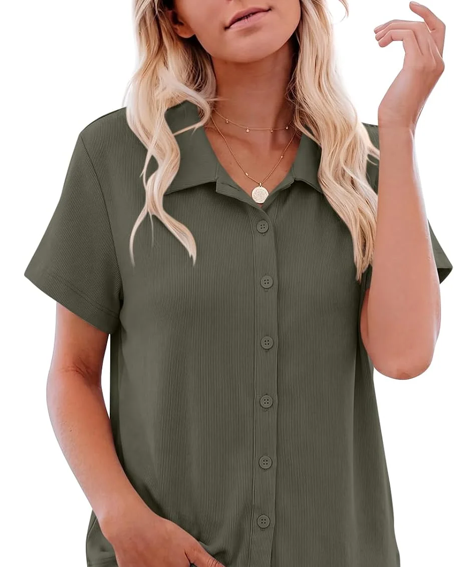 Minetom Womens Short Sleeve Button Down Tops V Neck Collared Shirts Army Green, photo 2