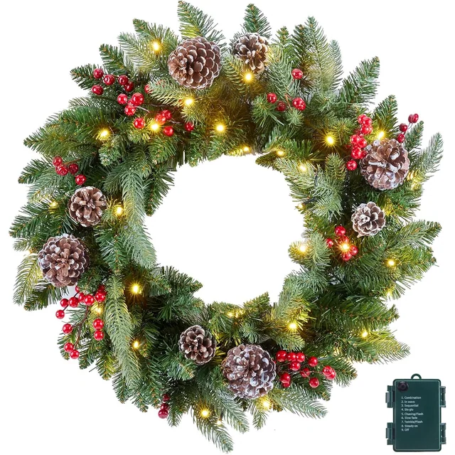 Minetom 24 Inch Pre-Lit Artificial Christmas Wreath for Front Door