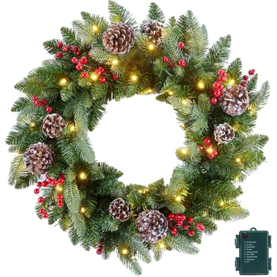 Minetom 24 Inch Pre-Lit Artificial Christmas Wreath for Front Door, thumbnail 1