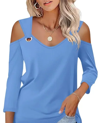 Minetom Women's V Neck 3/4 Sleeve Shirts Cold Shoulder Tops 2026 Fall Tees, thumbnail 24