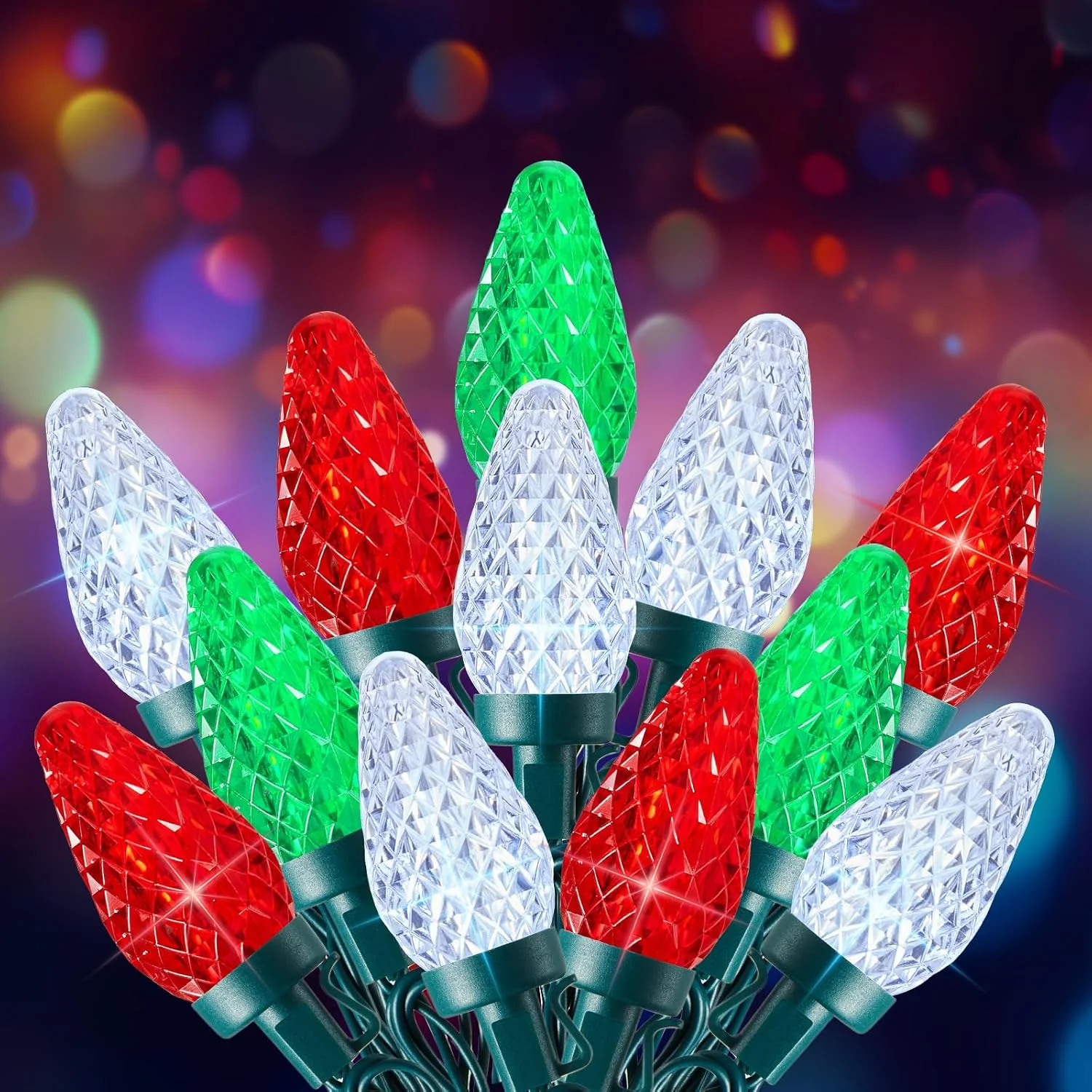 Minetom C9 Christmas Lights Outdoor, 100 FT 150 LED Connectable C9 String Lights, Red Green and White, 100LED, photo 3