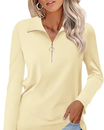 Minetom Womens Long Sleeve Shirts 1/4 Zipper Pullover V Neck Collar Tops, thumbnail 21