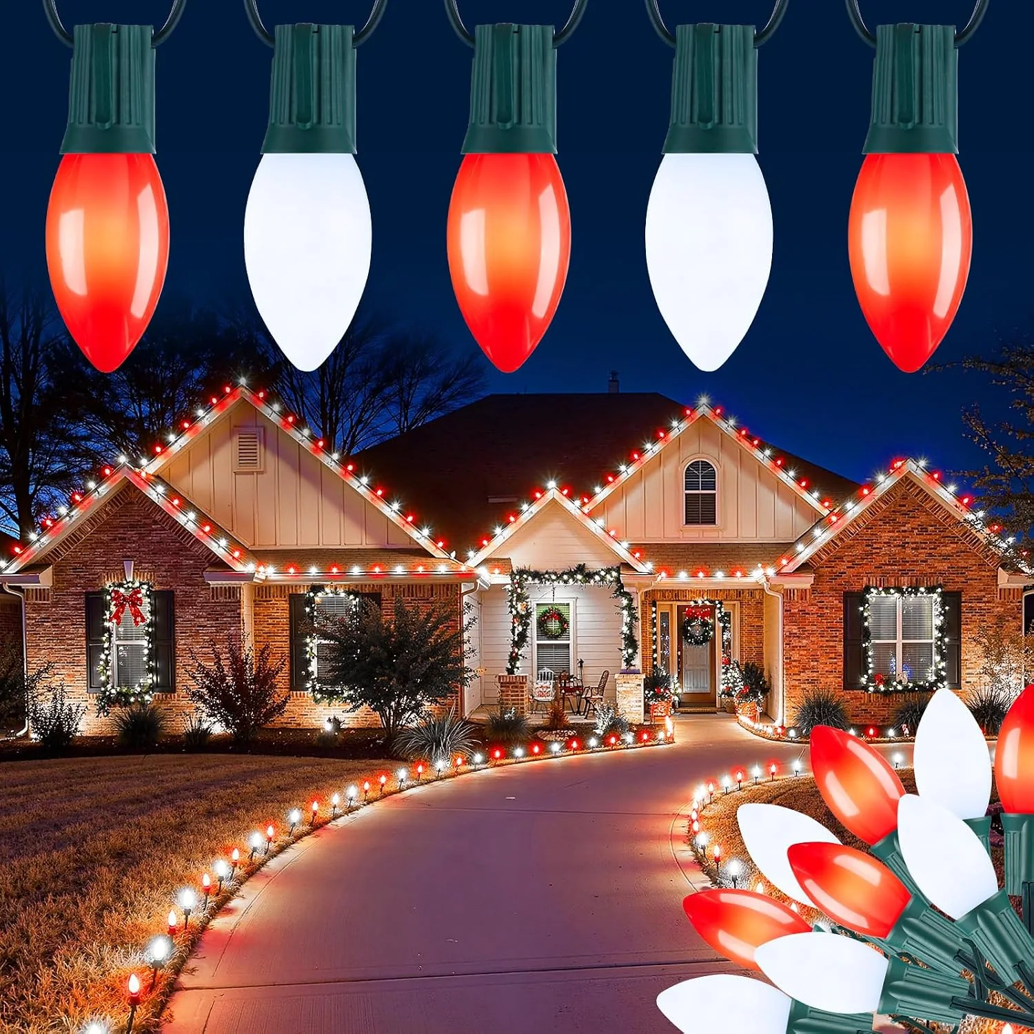Minetom Vintage C9 LED Christmas Lights Outdoor, Red & Pure White, 100FT, photo 6