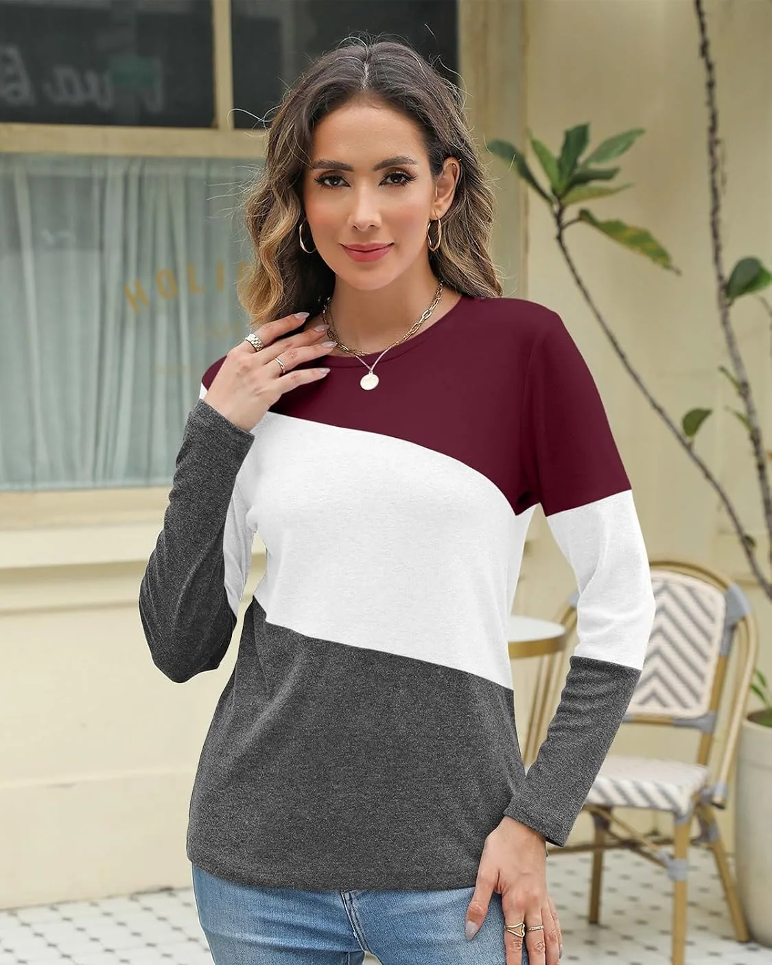 Minetom Women's Color Block Tops Casual Long Sleeve Shirts Pullover Tunic, photo 3