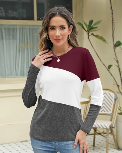 Minetom Women's Color Block Tops Casual Long Sleeve Shirts Pullover Tunic, thumbnail 3