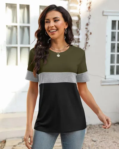 Minetom Womens Color Block T Shirts Short Sleeve Tops Summer Tees, thumbnail 2