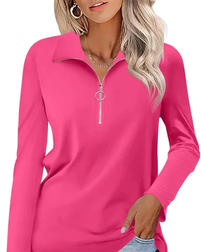 Minetom Womens Long Sleeve Shirts 1/4 Zipper Pullover V Neck Collar Tops, thumbnail 10