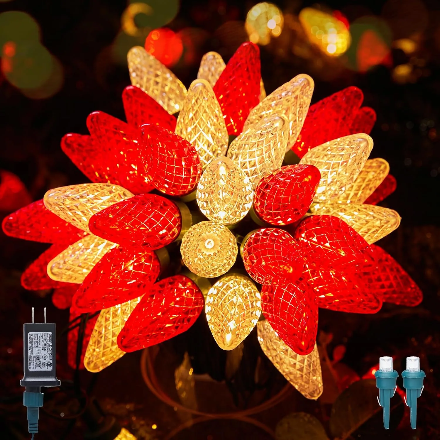 Minetom C9 LED Christmas Lights Outdoor Timer 8 Modes 100 Lights Blue Pure, Red & Warm White, 2 Pack, photo 6