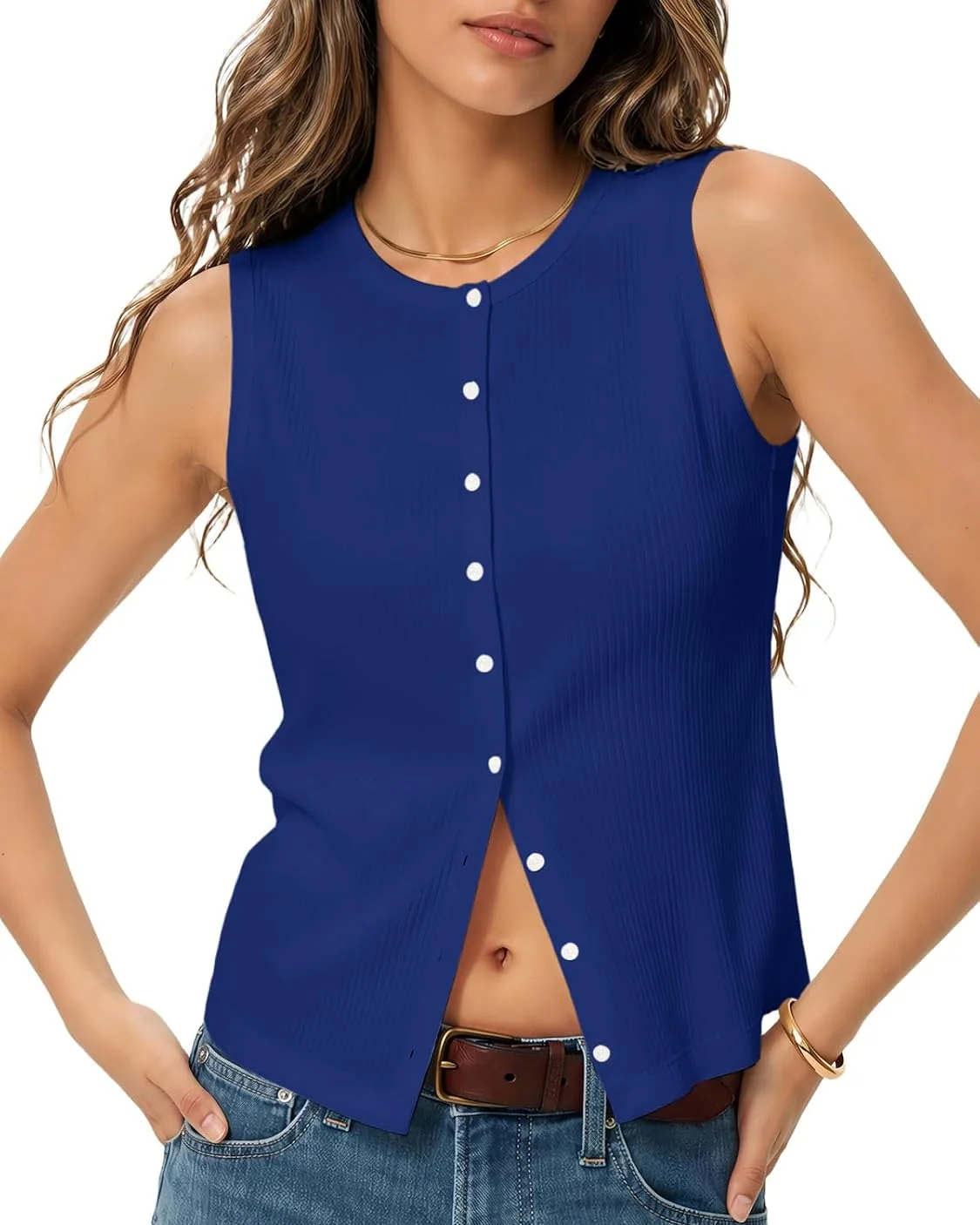 Minetom Womens Sleeveless Button Down Shirts Ribbed Tank Tops Pink, Royal Blue, Small, photo 10