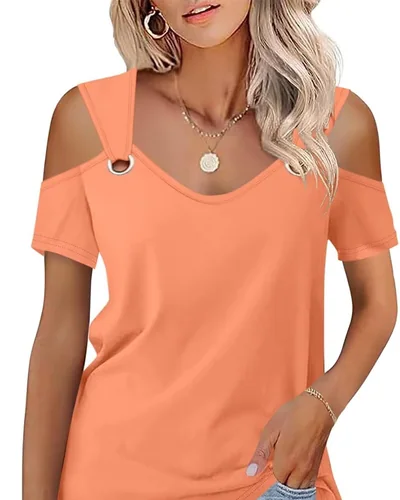 Minetom Women's Cold Shoulder Tops Short Sleeve V Neck T Shirts Summer Tee, thumbnail 16