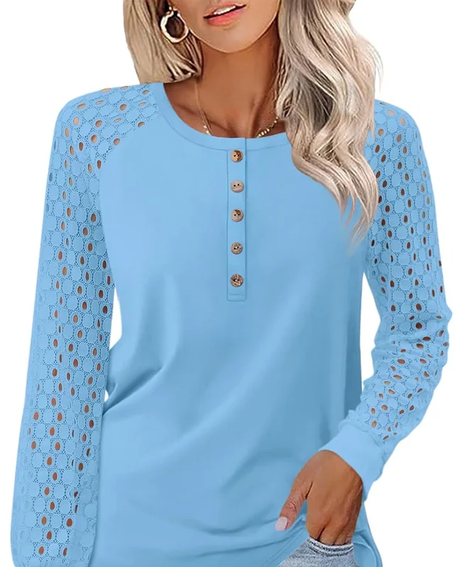 Minetom Women's Lace Long Sleeve Tops Henley Shirts Fall Button Up Blouse