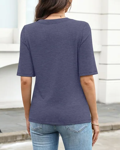 Minetom Women's V Neck T Shirts Half Sleeve Tees Casual Summer Fall Tops Navy, thumbnail 5