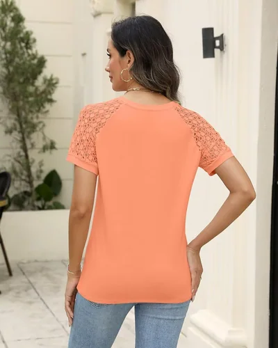 Minetom Women's Lace Short Sleeve Tops Henley Shirts Business Casual Blouses, thumbnail 4