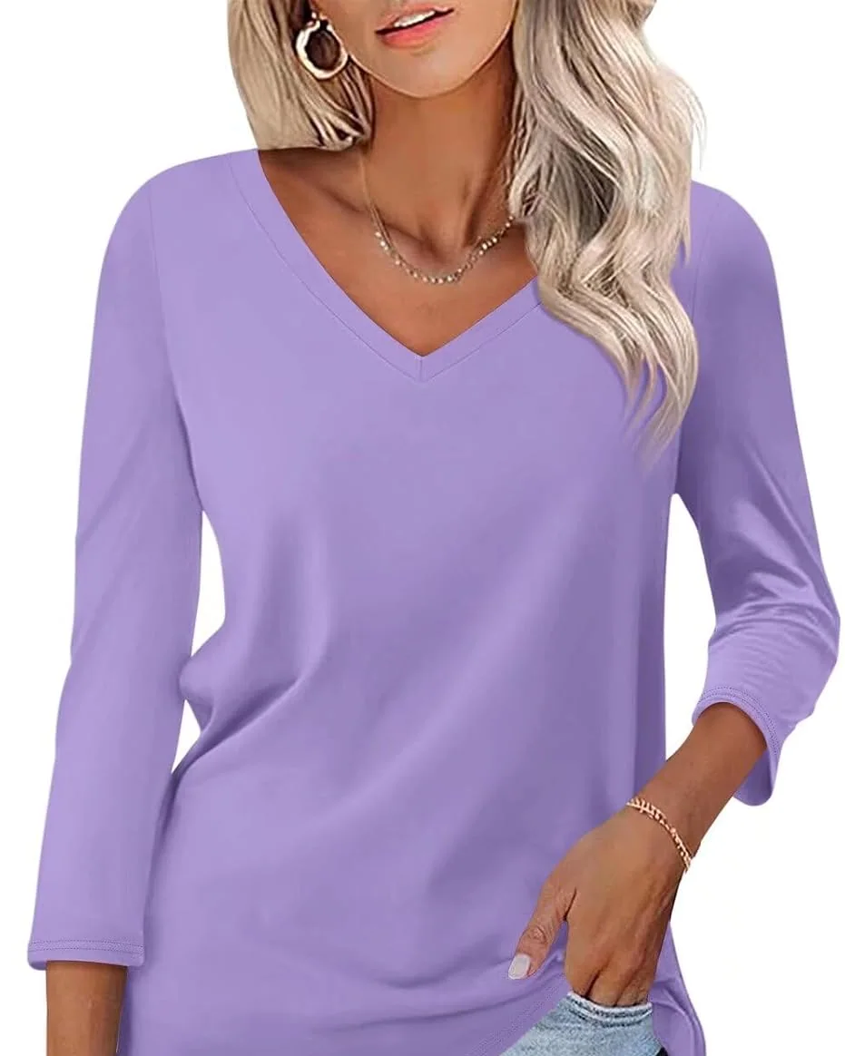 Minetom Women's 3/4 Length Sleeve Tops V Neck T Shirts Casual Basic Tees, Purple, Small, photo 27