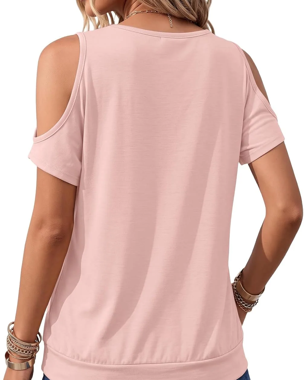 Minetom Womens Cold Shoulder Tops Banded Bottom Shirts Short Sleeve Shirts, photo 2