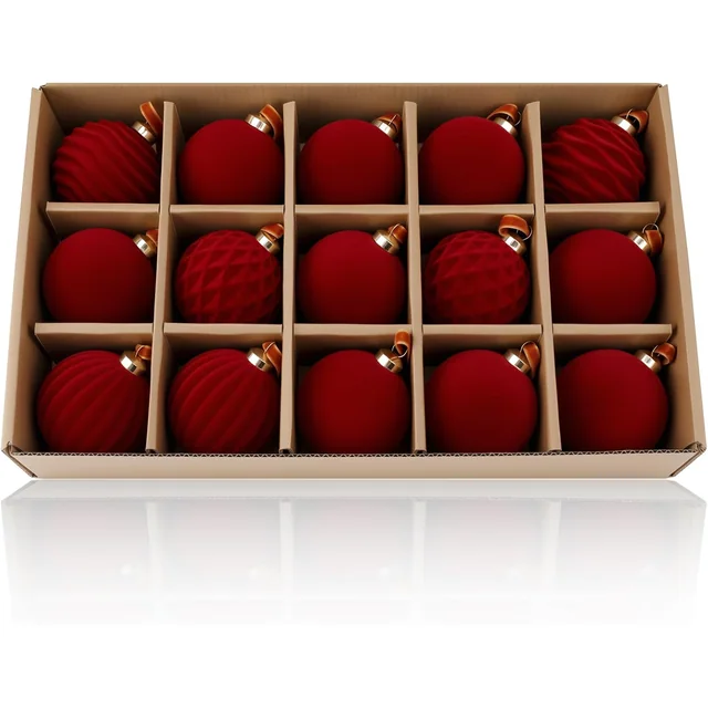 Minetom 15pcs Burgundy Christmas Ornaments, 2.36Inch Velvet Ornaments Set