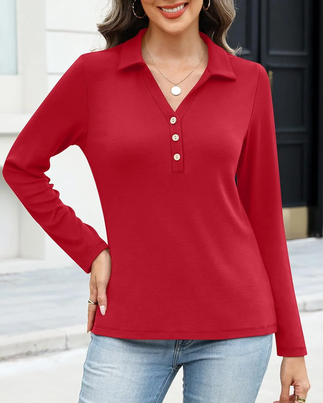 Minetom Womens Long Sleeve Tops Collared Button Up Shirts, photo 2