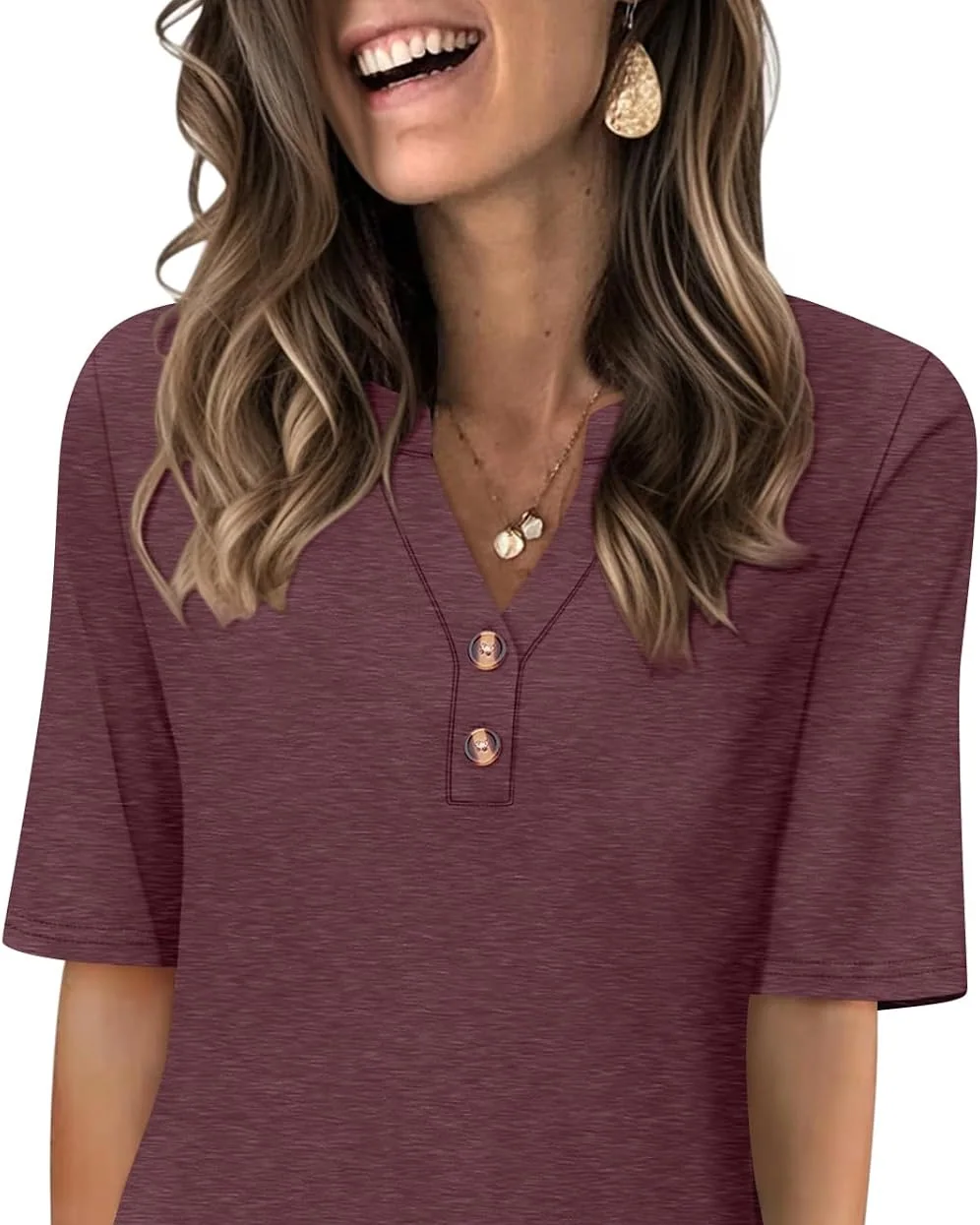 Minetom Women's Half Sleeve Tops V Neck T Shirt Button Casual Tee White, Burgundy, Small, photo 11