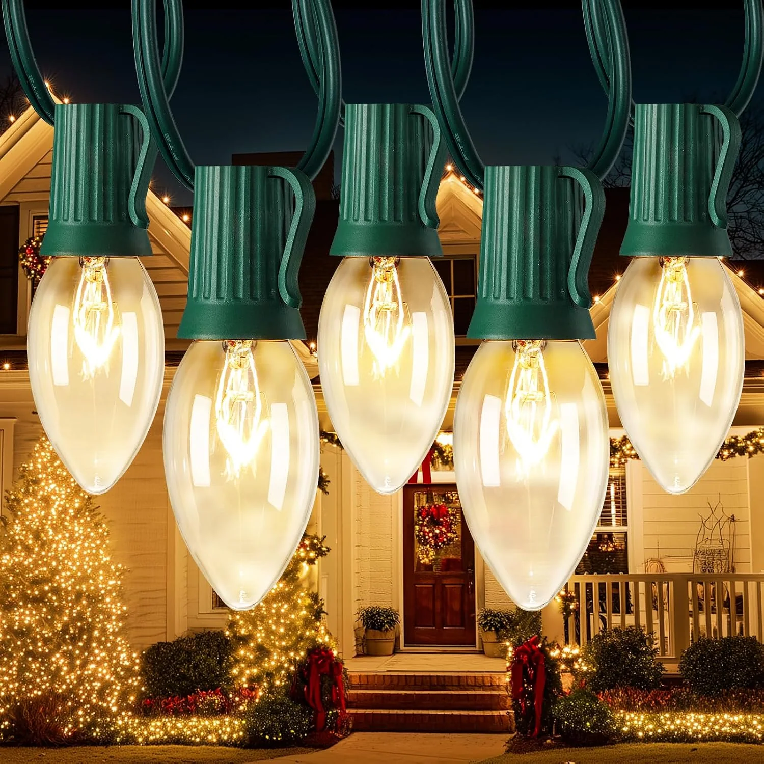 Minetom C9 Outdoor Christmas Lights on a house at night