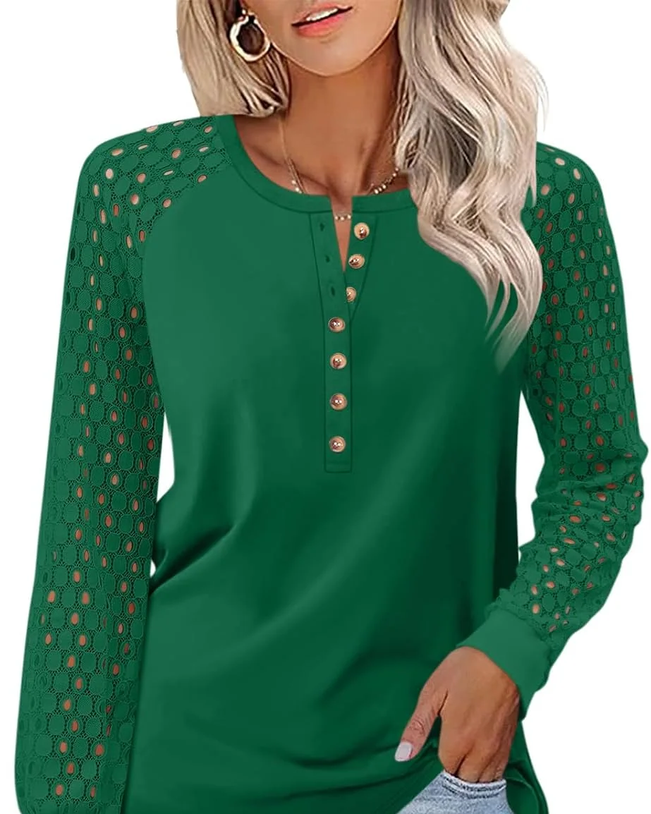 Minetom Women's Lace Long Sleeve Tops Henley Shirts Casual Blouses Tees, Green, Small, photo 8