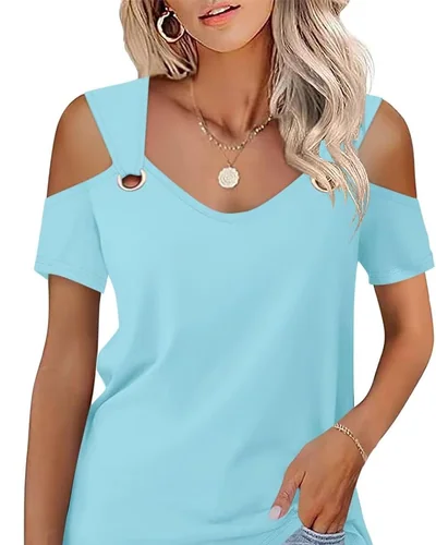 Minetom Women's Cold Shoulder Tops Short Sleeve V Neck T Shirts Summer Tee, thumbnail 24