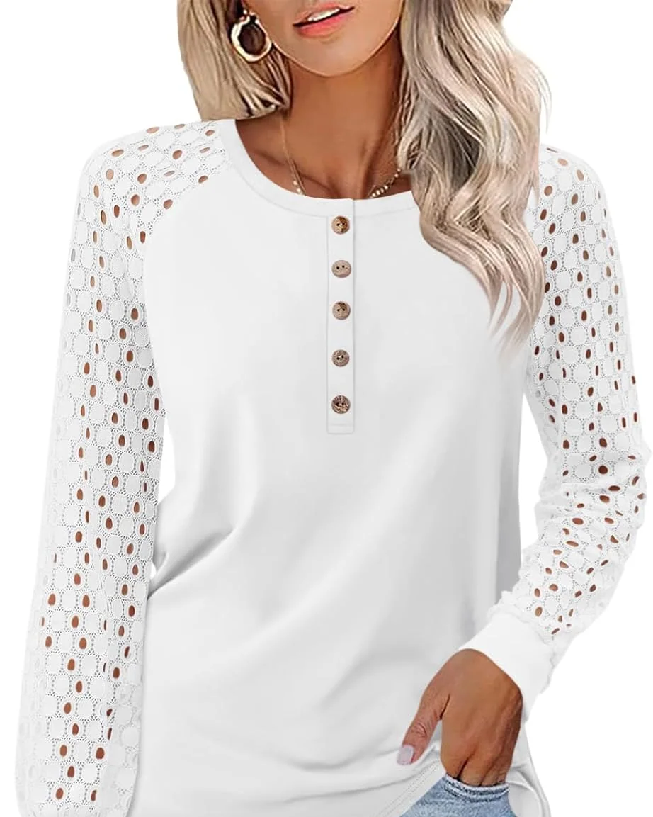 Minetom Women's Lace Long Sleeve Tops Henley Shirts Fall Button Up Blouse, White, Small, photo 11