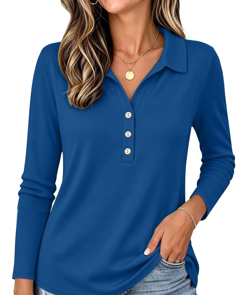 Minetom Womens Long Sleeve Tops Collared Button Up Shirts, Blue, Small, photo 6
