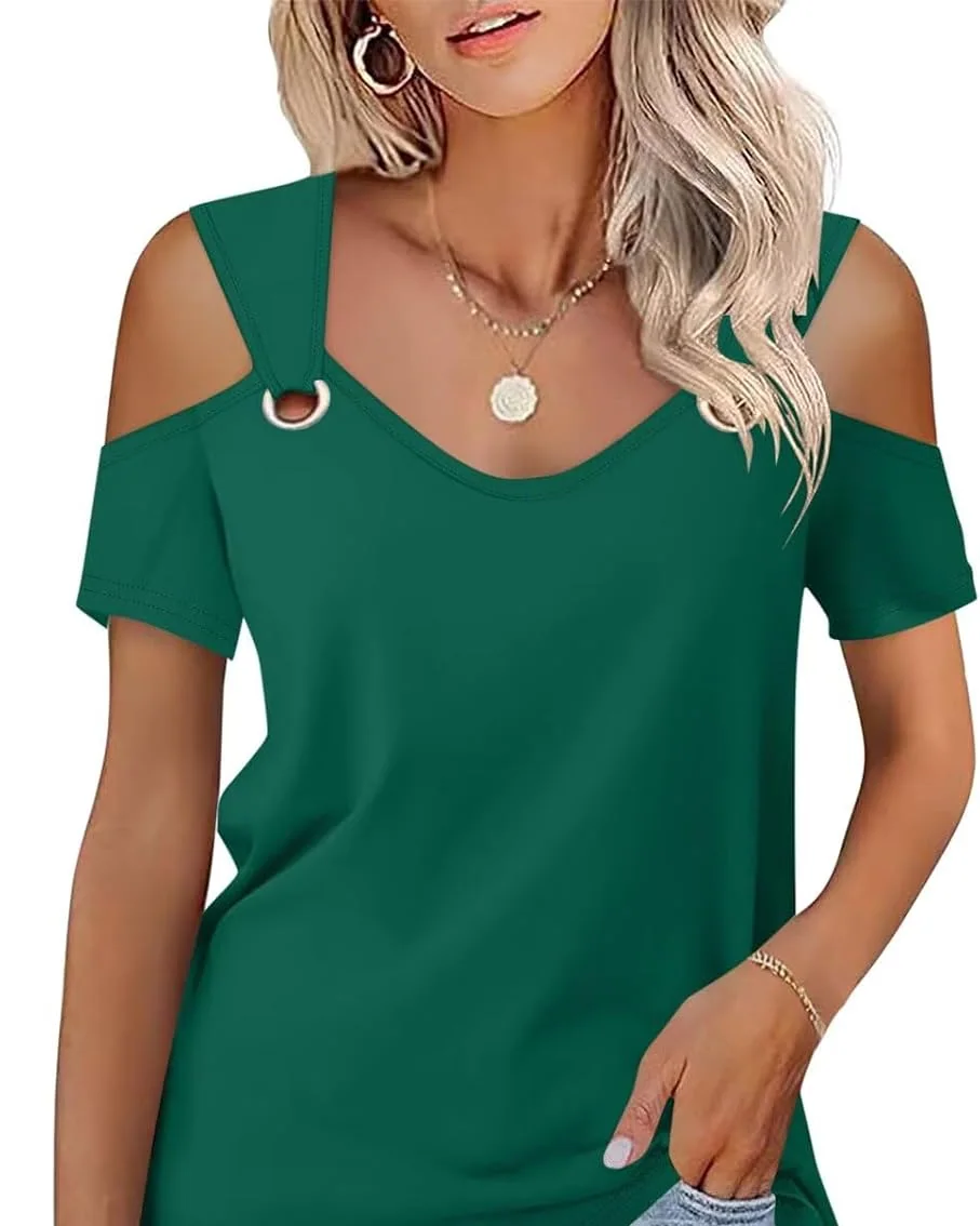 Minetom Women's Cold Shoulder Tops Short Sleeve V Neck T Shirts Summer Tee, Dark Green, Small, photo 27